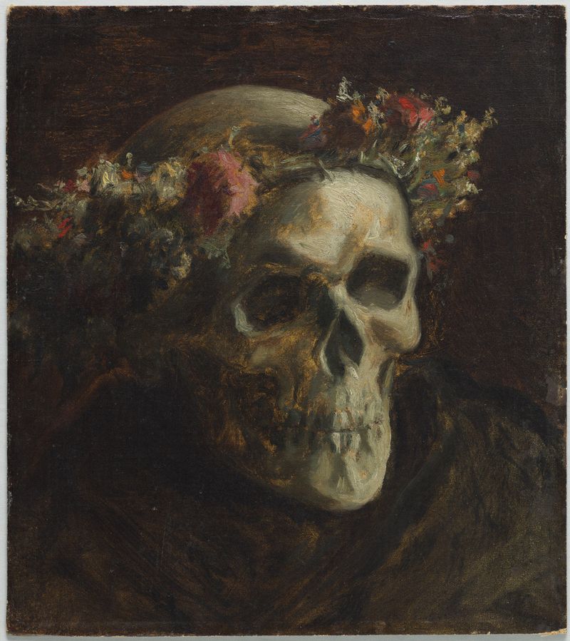 Calavera con una corona de flores, óleo sobre lienzo de Thomas Satterwhite Noble