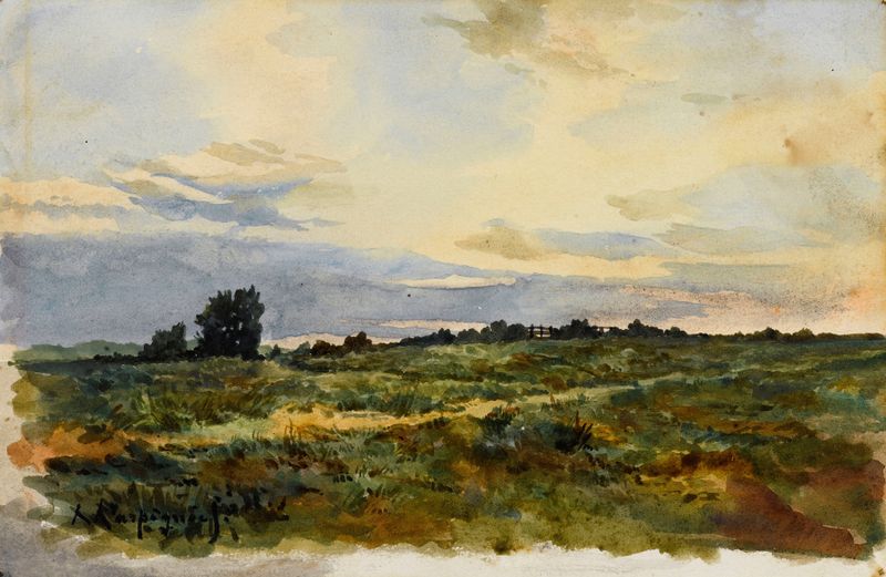 Paysage de Henri-Joseph Harpignies, óleo sobre tela que retrata uma paisagem tranquila com um riacho.