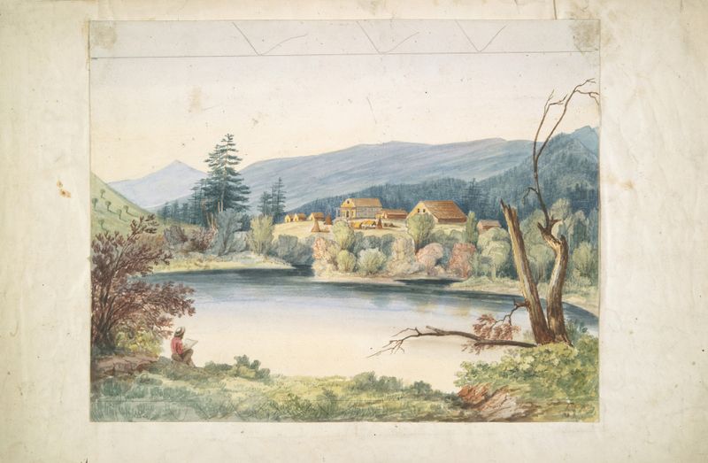 Coeur d’Alene Mission, St. Ignatius River de John Mix Stanley, óleo sobre lienzo, representando un paisaje de río tranquilo.
