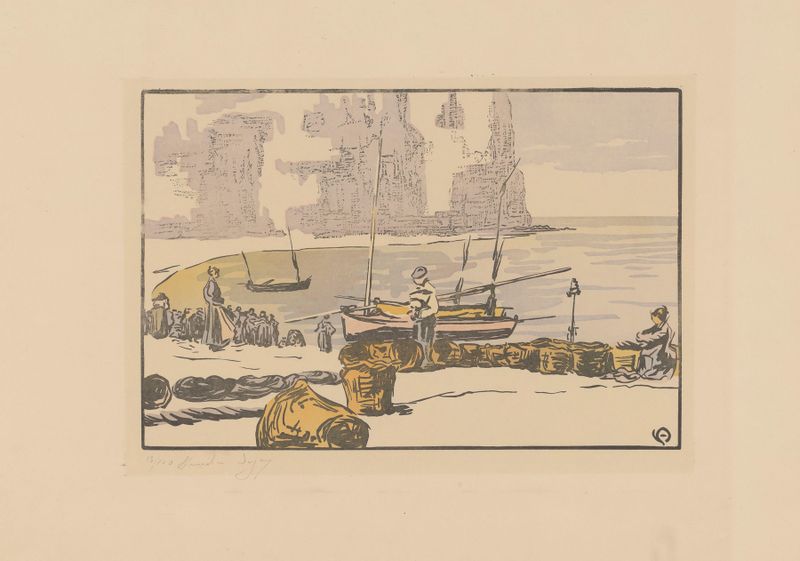 Marine scene with waves and pastel sky by Amédée Joyau, oil painting, 1902