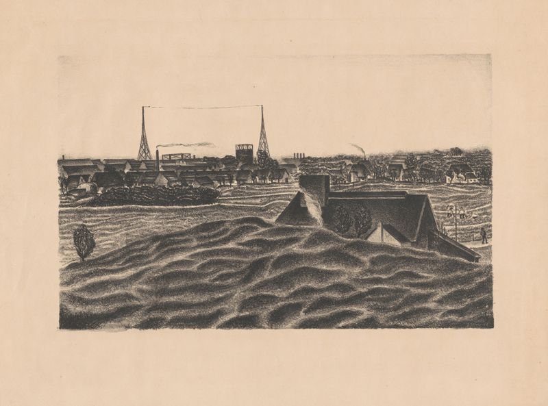 Landscape of Hilversum with hills and houses, oil painting by Henk Henriët