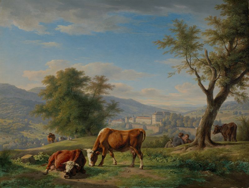 Weidende Tiere in Landschaft bei Baden-Baden by Carl Kuntz, oil on canvas depicting grazing animals in a lush landscape.