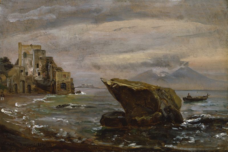 Praia perto de Posillipo de Johan Christian Dahl, pintura a óleo de uma paisagem costeira com luz do sol e mar.