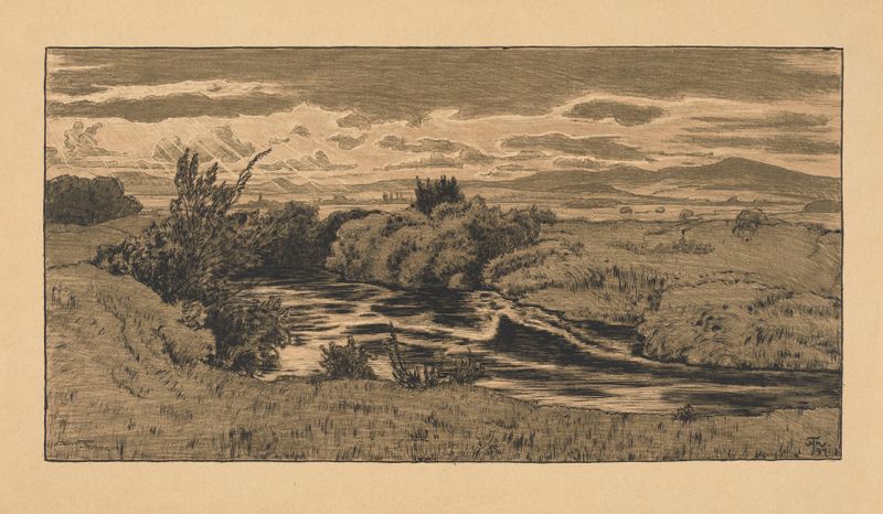 Evening by the Nidda River, oil on canvas by Hans Thoma, depicting a tranquil riverbank at dusk.