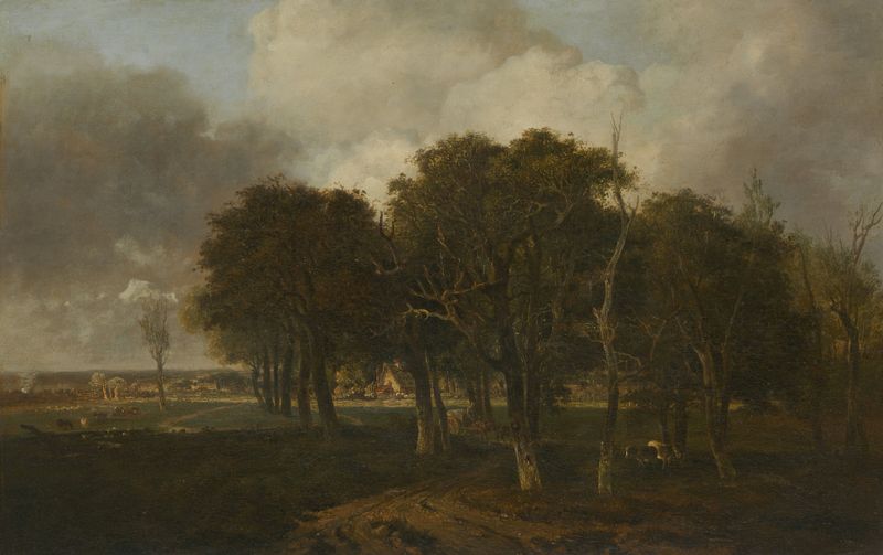 Oil painting by John Crome depicting twilight over a forest