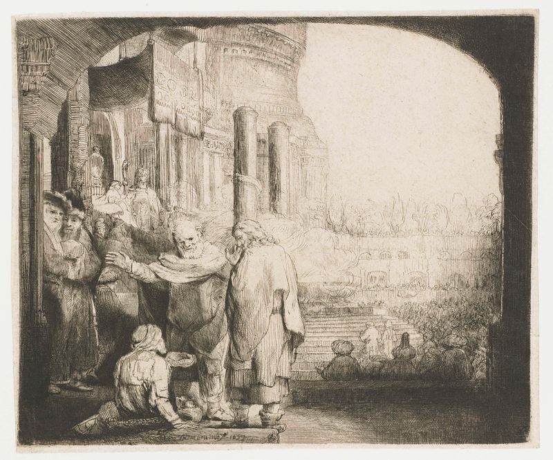 Gravura de Rembrandt van Rijn mostrando Pedro e João curando um homem paralítico na porta do templo.