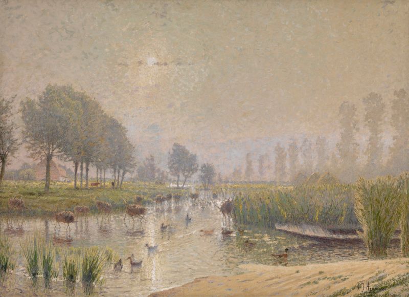 Duck Nests in the Reed, oil on canvas by Adrien-Joseph Heymans, depicting serene water and reeds.