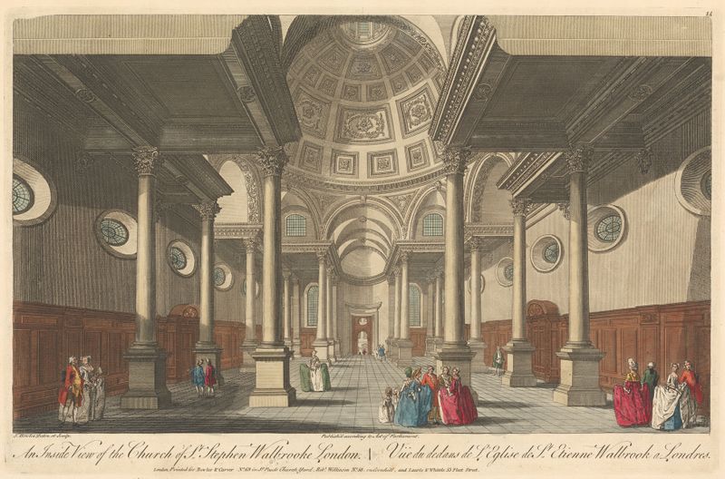 Vista interior de la Iglesia de St. Stephen Walbrooke, grabado de Thomas Bowles III