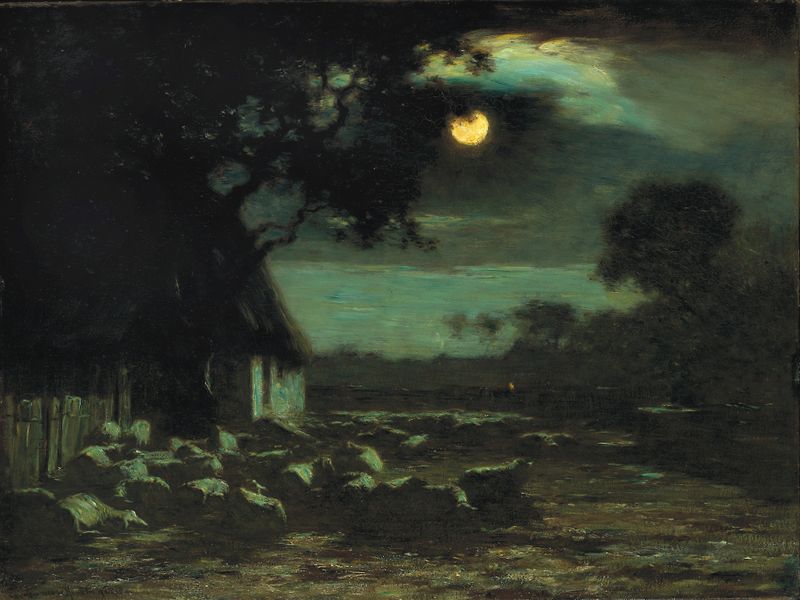Sheepyard, Moonlight by Horatio Walker, oil on canvas depicting sheep in a serene landscape under moonlight.