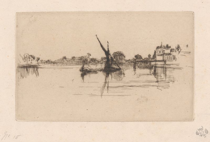 Paisagem com uma cena de rio tranquilo por James Abbott McNeill Whistler, pintura a óleo