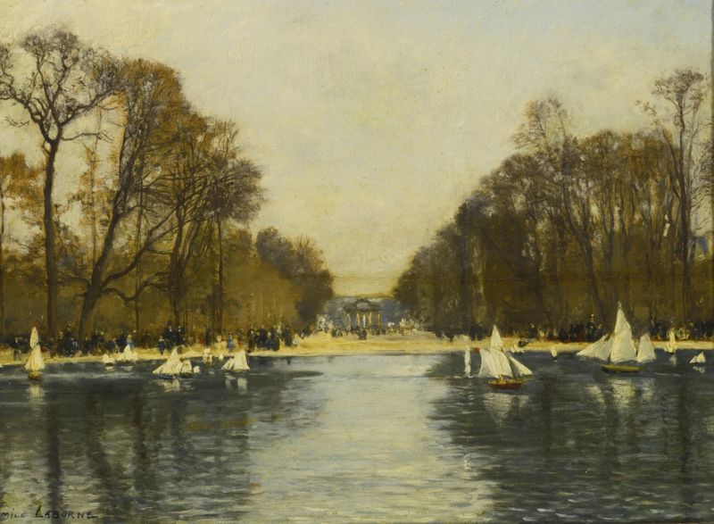 Los Jardines de las Tullerías, París de Edme-Emile Laborne, óleo sobre lienzo, representando una escena de jardín animada.