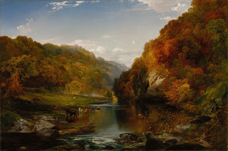 Otoño Tarde, el Wissahickon de Thomas Moran, óleo sobre lienzo que representa un bosque con colores de otoño