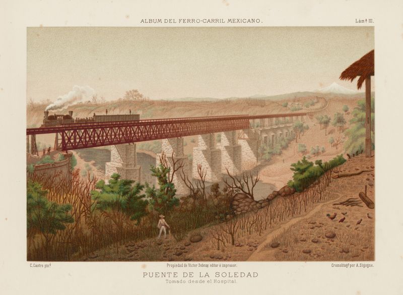 Grabado de Casimiro Castro que muestra una escena urbana bulliciosa con un puente y figuras.