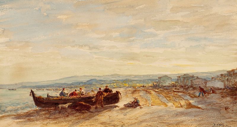Escena marina con pescadores en Antibes, pintura al óleo de Félix Ziem