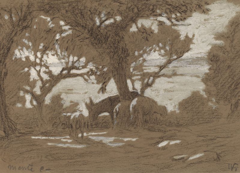 Mt. Colognola – Sheep Grazing on Lake Trasimeno de Elihu Vedder, pintura al óleo que muestra ovejas junto a un lago.
