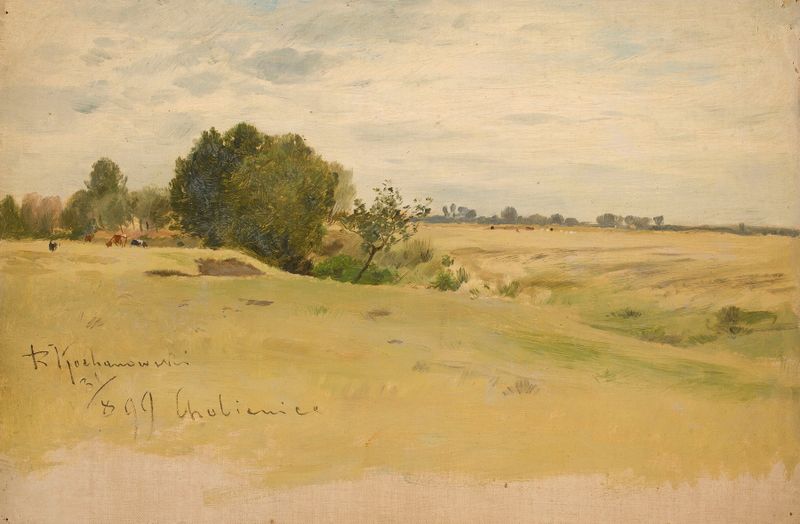 Landscape with cows by Roman Kazimierz Kochanowski, realism, depicting cows grazing in a serene pastoral setting.