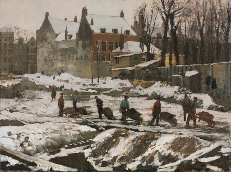 Construction site in Amsterdam de George Hendrik Breitner, óleo que muestra trabajadores y edificios.