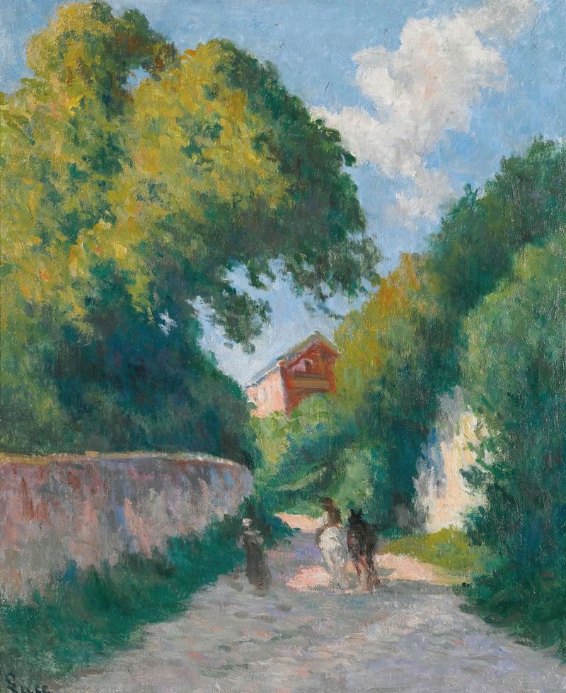 Pintura al óleo de Maximilien Luce que muestra una granja en un paisaje vibrante.