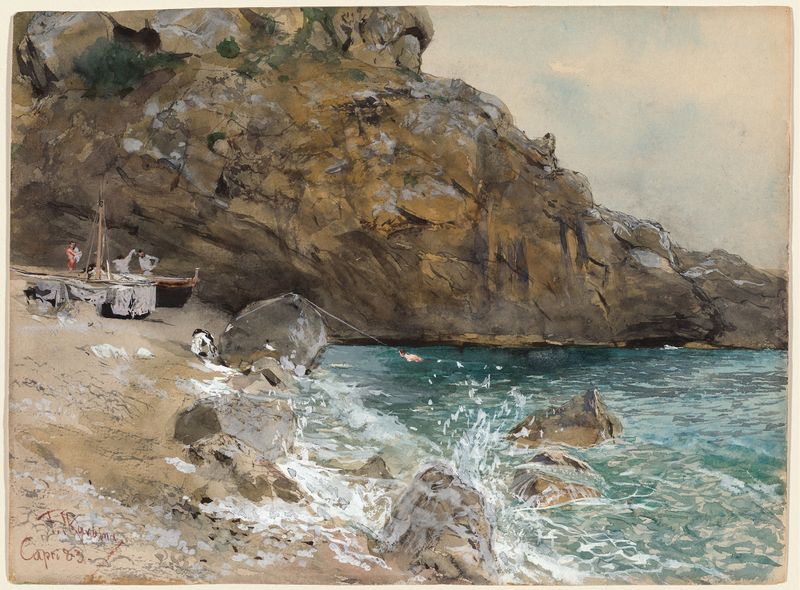 Pintura al óleo de Franz Skarbina que representa una escena costera en Marina Piccola, Capri.