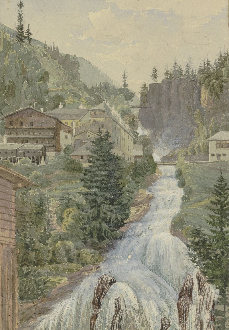Alpine brook with houses, oil on canvas by Georg Von Krieg