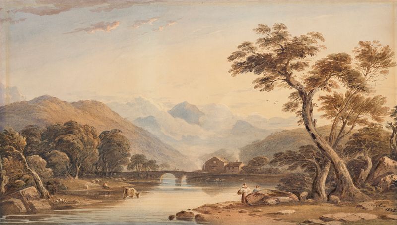 Beddgelert Bridge con Snowdon al fondo, pintura al óleo de John Varley