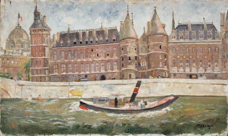 Bank of the Seine de Tadeusz Makowski, óleo sobre lienzo que representa un paisaje de río sereno.