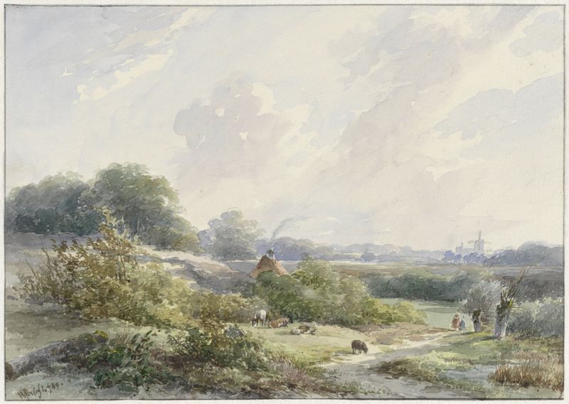 Landscape with farmhouse and cattle, oil on canvas by Willem Roelofs
