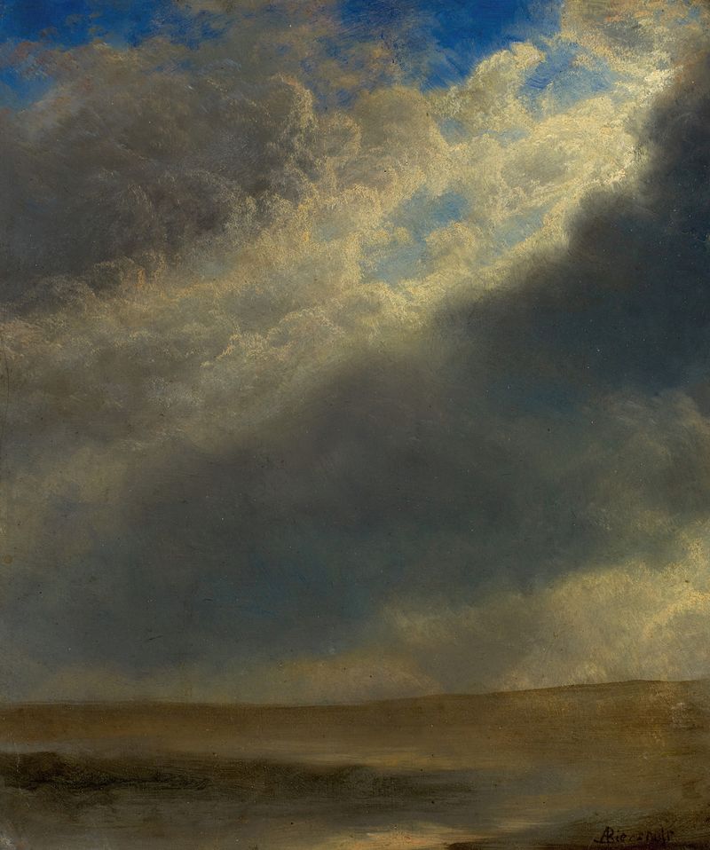 Paisagem óleo de Albert Bierstadt com montanhas, pôr do sol e um vale.