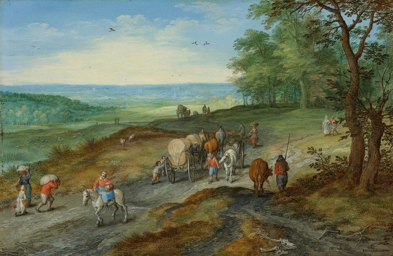 A Panoramic Landscape With A Covered Wagon And Travelers On A Highway, pintura a óleo de Jan Brueghel o Velho