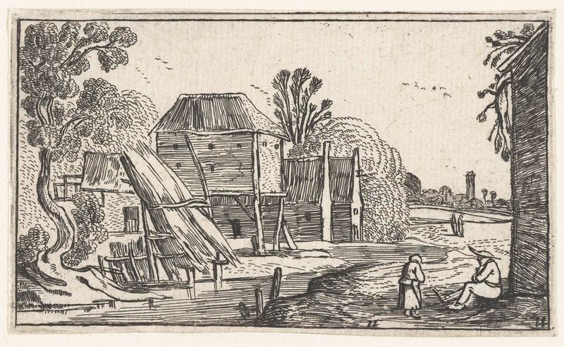 Grabado de Unknown Artist que muestra una granja sobre pilotes sobre el agua