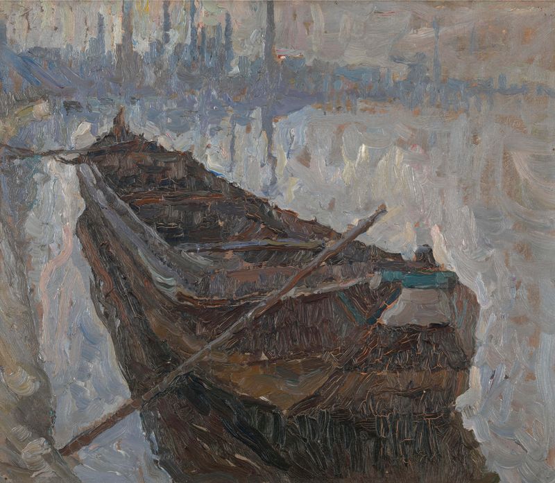 Mud barge by Albert Baertsoen, realism, depicting a weathered barge in a natural landscape.