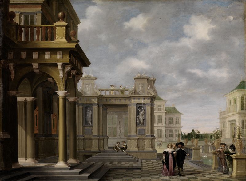 Gartenhof eines Palastes by Dirck van Delen, oil painting depicting a lush garden and palace.