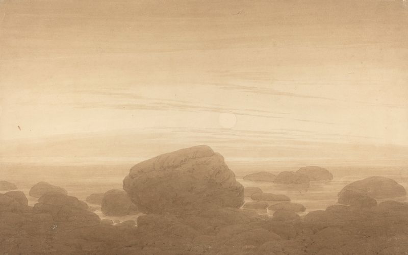 Paisaje iluminado por la luna con reflejo en el agua, óleo de Caspar David Friedrich