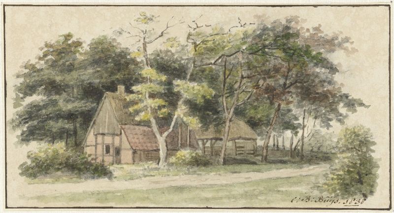 Paisagem com uma fazenda entre árvores, pintura a óleo de Cornelis Bernardus Buijs