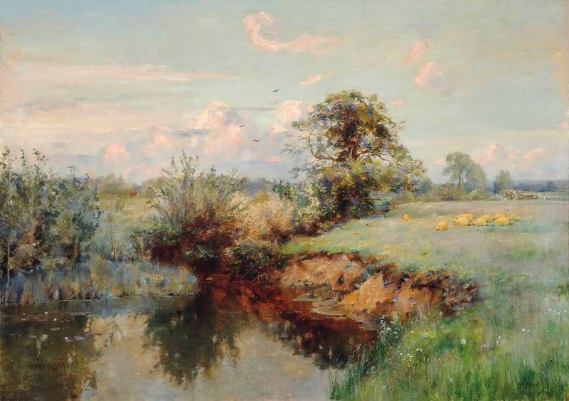 Grazing Sheep, Summer by Sir Alfred East, oil painting depicting sheep in a summer landscape