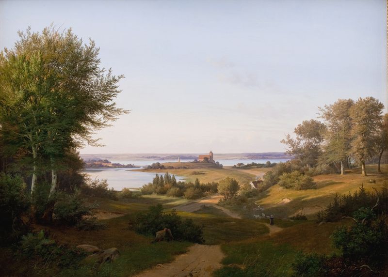 Pintura a óleo de Andreas Juuel mostrando o Castelo de Skanderborg e colinas.