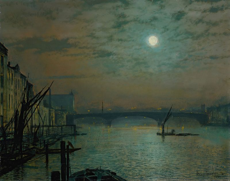 Southwark Bridge by Moonlight, oil on canvas by John Atkinson Grimshaw, depicting a night scene with reflections.