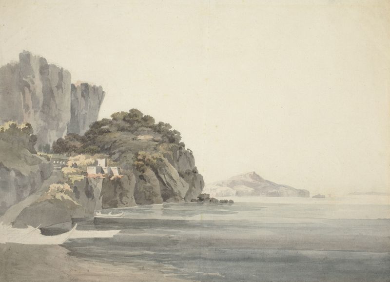 An Italian Coast Scene by John Warwick Smith, watercolor on paper, depicting a tranquil coastline at sunset.