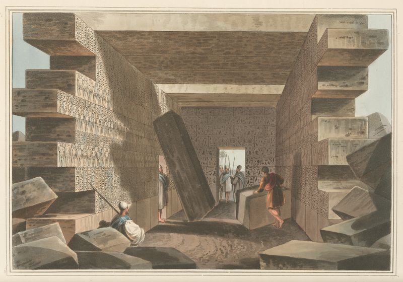 Interior del Templo de Júpiter Amón de Luigi Mayer, acuarela sobre papel, con columnas antiguas y luz suave.