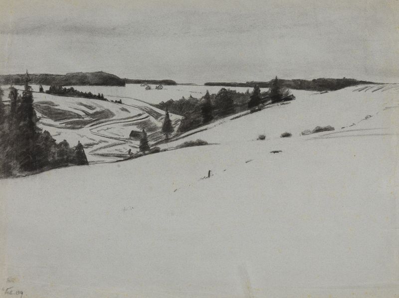 Winter landscape with snow by Gustav Kampmann, oil on canvas