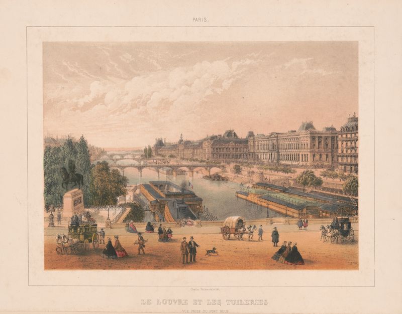 Oil painting by Charles Rivière depicting the Louvre and Tuileries from Pont Neuf