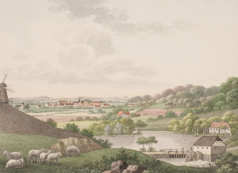 Oil painting by Søren L. Lange depicting quaint houses and open space