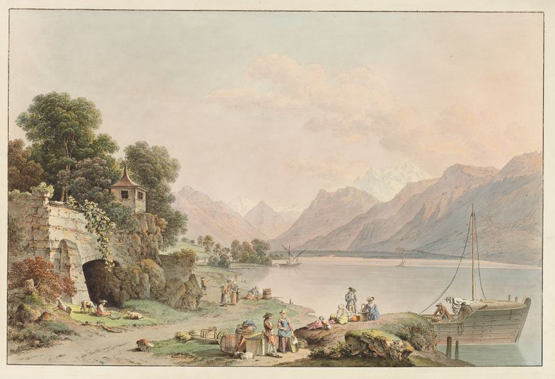 Gravura de Johann Ludwig Aberli mostrando uma figura solitária em uma paisagem exuberante.