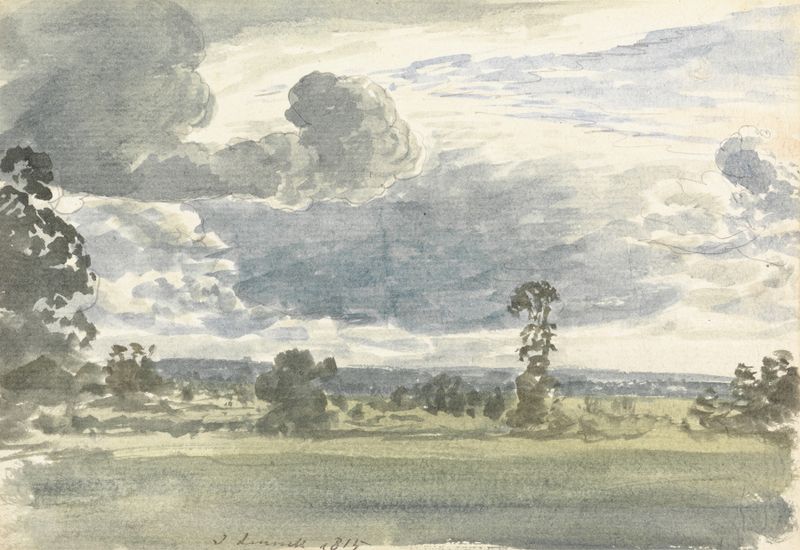 A Windy Day de John Linnell, pintura a óleo que retrata uma brisa entre árvores e grama.