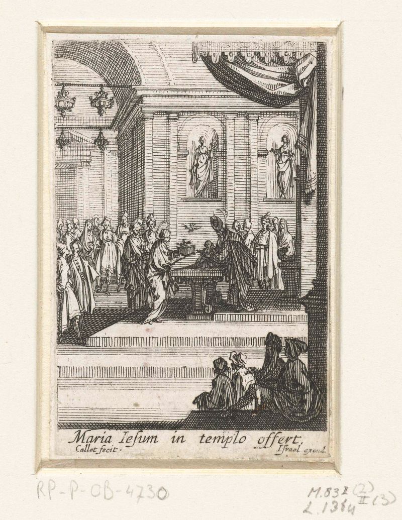 Grabado de Jacques Callot que representa a Cristo rodeado de figuras en el templo.