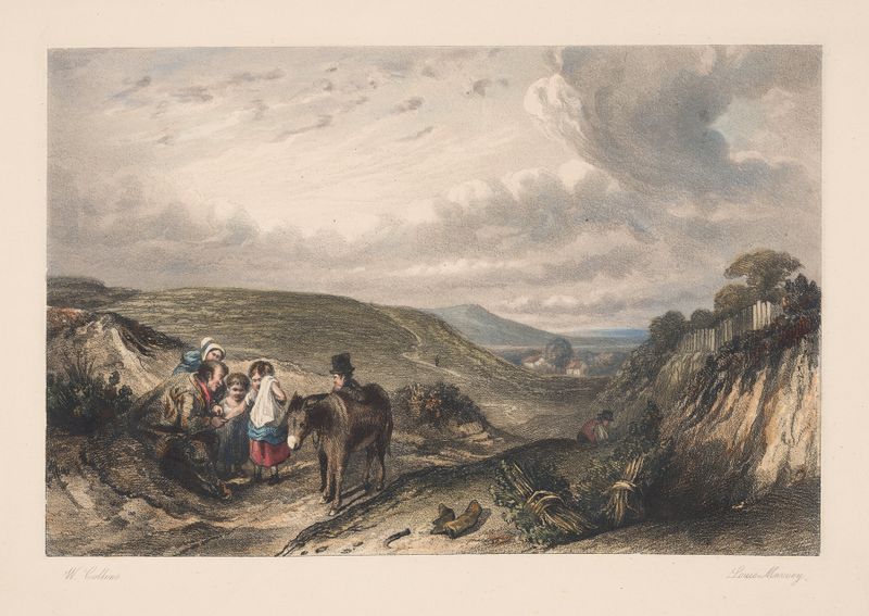 Landscape with Woodgatherers, oil painting by Louis Marvy, depicting a path through a lush forest.