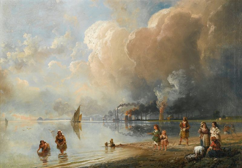Landscape of the Forth River at dusk, oil painting by Carlo Bossoli