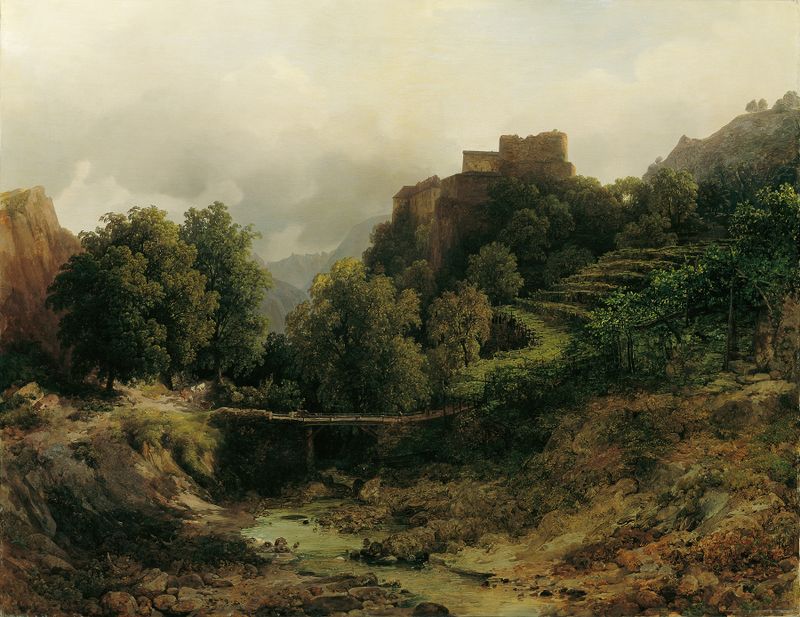 Pintura al óleo de paisaje de Thomas Ender con una fortaleza, río y cielos tormentosos