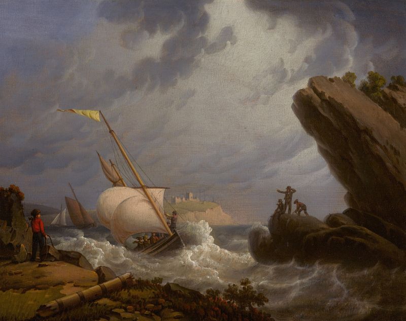 Ferryboat de Robert Salmon, óleo sobre tela representando um ferry navegando em águas calmas sob um céu melancólico.
