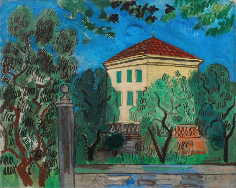 L’entrée du jardin de Raoul Dufy, pintura al óleo que muestra un jardín vibrante con flores y un arco.